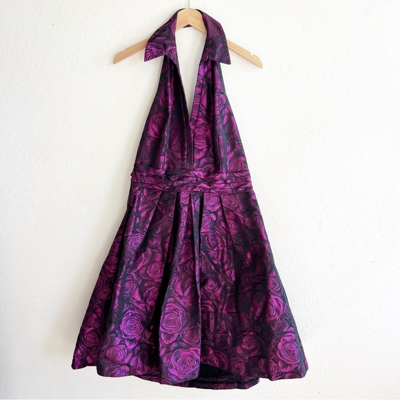 Theia Dress Pink Purple Halter Flare Skirt Floral Shiny Designer Party - Picture 2 of 12